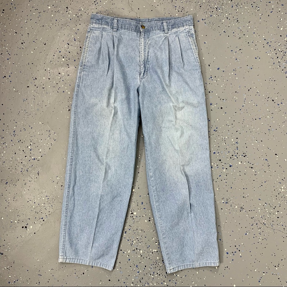 Vintage 80s Light Blue Pleated Trouser Jeans High Waist Crop Leg Distressed 12
